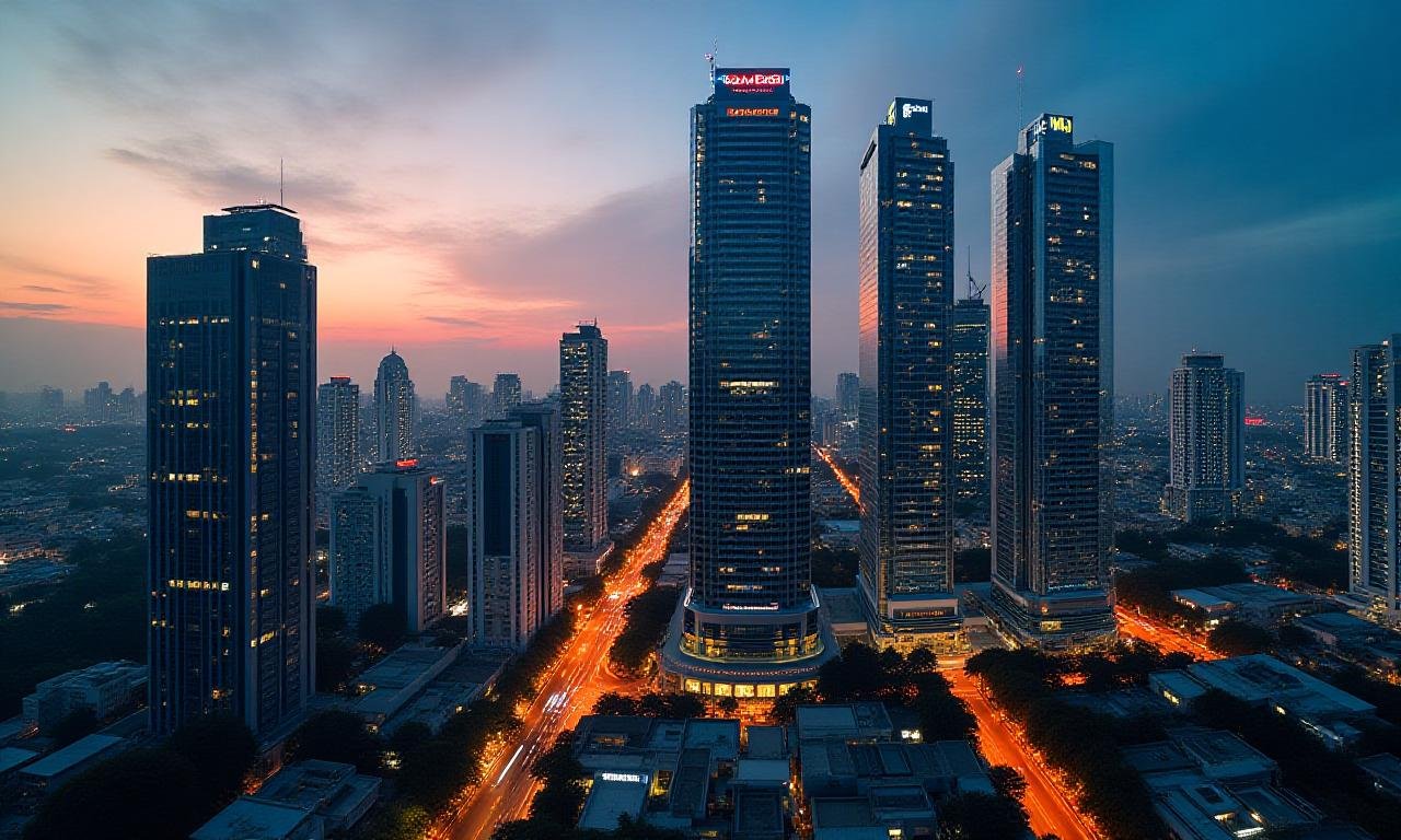 Modern financial district skyline at dusk